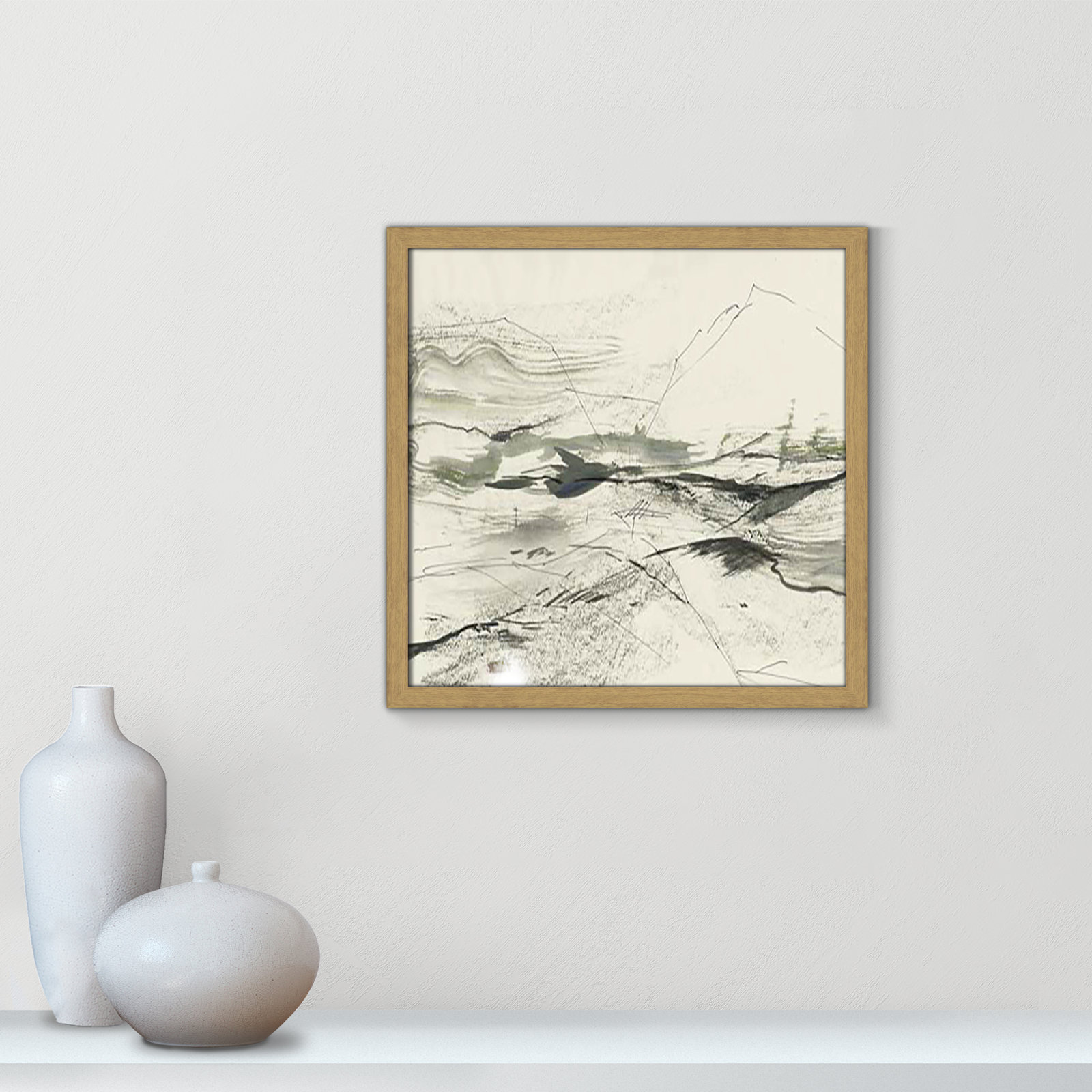 Green Sketches Print, 17" H x 17" W x 1.25" D, Natural Slim Framed