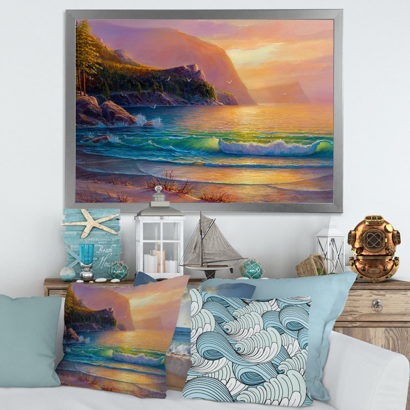 Plage romantique pendant un coucher de soleil chaud - Impression sur toile, H 30 po x l 40 po x 1,5 po
