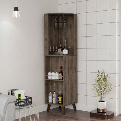 Armoire de coin Cincinatti, porte-gobelets, deux tablettes extérieures, un tiroir, quatre pieds - brun foncé