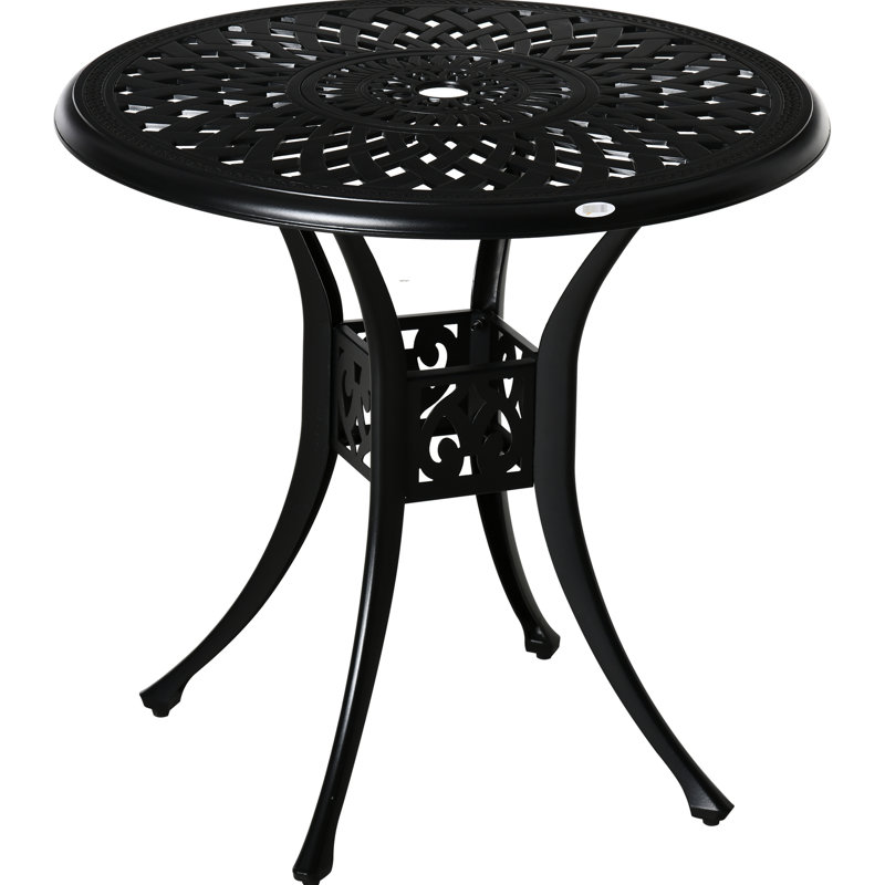 Table bistro ronde 30 "avec trou pour parasol, table d'extérieur antique en fonte d'aluminium, noire. Fabrication, option d'équilibre réglable, trou noir, table de salle à manger. Structure rouille, base stable