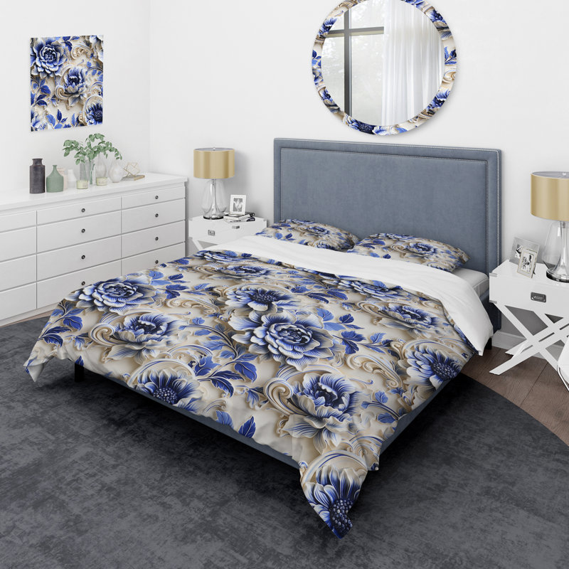 Ensemble de housse de couette à volutes de style baroque bleu cobalt, Housse de couette simple + 1 taie décorative stan