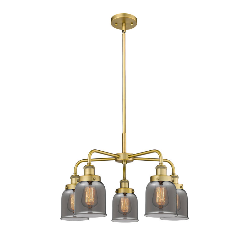 Lustre en verre à 5 lumières Bell, Plaqué couleur fumée, Laiton brossé