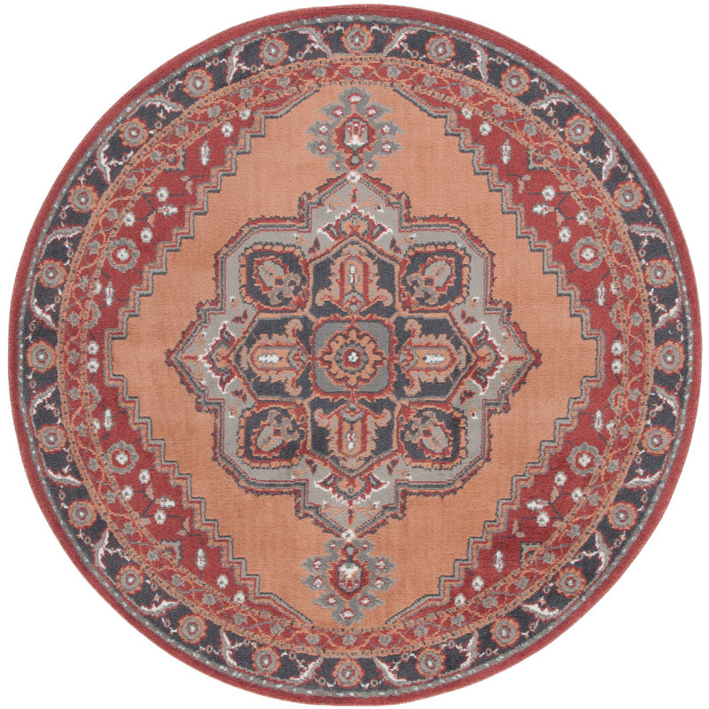Tapis oriental en polypropylène tissé à la machine Manojlo de couleur rouille / ivoire / gris, Rond 6 pi 7 po