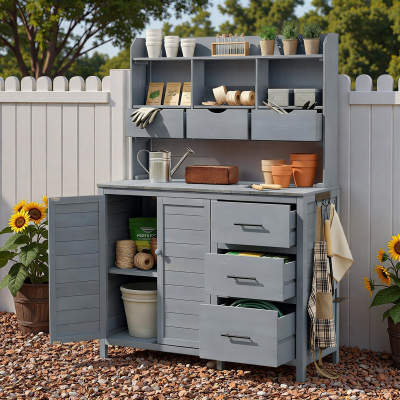Banc de rempotage avec 6 tiroirs, armoire inférieure, tablettes et crochets latéraux Farmhouse, Gris