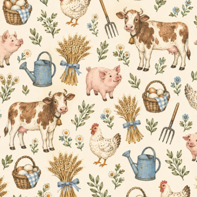 Peel and Stick Wallpaper Farmhouse cattle pig chicken Animal Vintage crop leaves eggs floral Contact Paper Removable Self Adhesive Wall Mural Wall Decor for Bedroom Kitchen Cabinets 24in x 118in