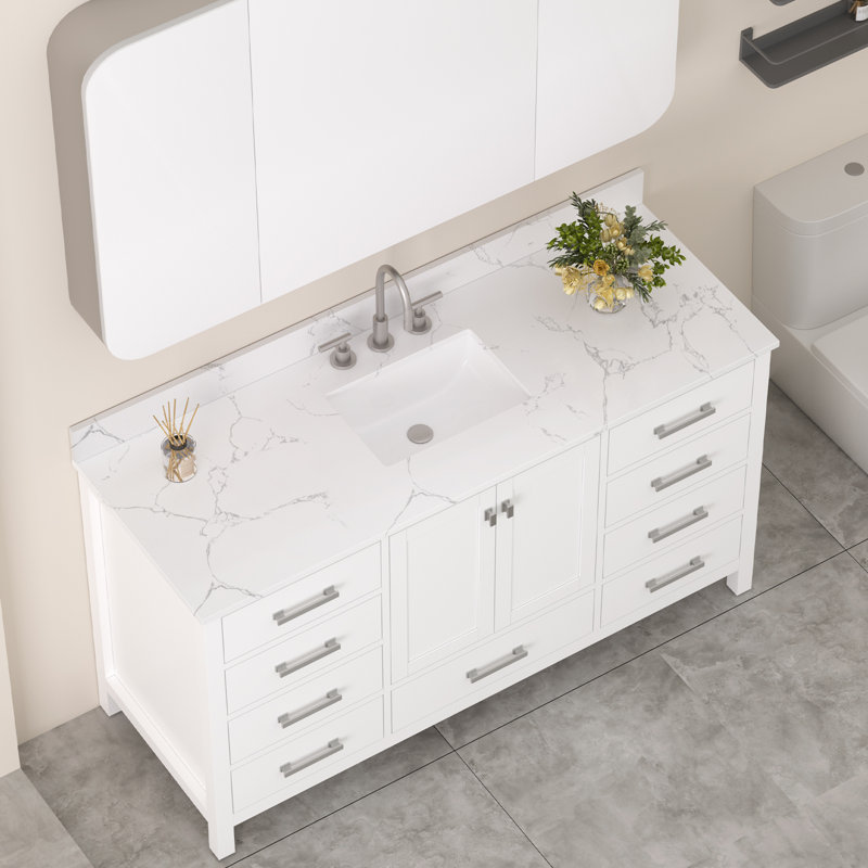 61'' Quartz Stone Single Bathroom Vanity Top With Sink – For Vanity Replacement, No Cabinet