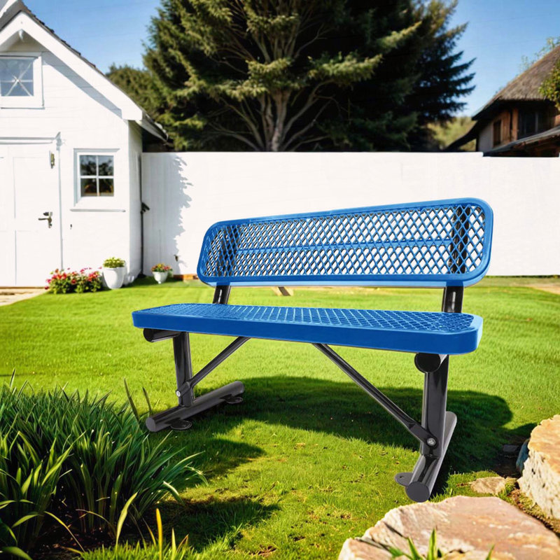 Banc d'extérieur en acier avec dossier bleu