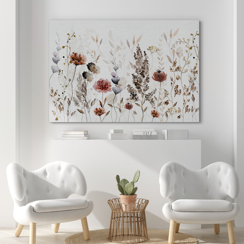 Motif de fleurs neutres brunes et relaxantes, décoration botanique florale de salon, Toile tendue, H 32 po x l 48 po
