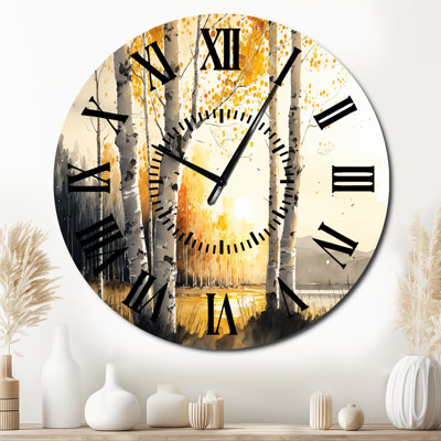 Birch Trees During Golden Hour By The Lakeside III - Landscape Forest Black Face Wall Clock