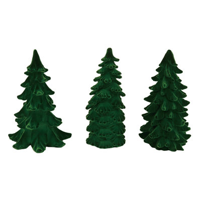 Resin Green Flocked Tree, Decorative Objects, Green, Resin, Set of 3, Tabletop, Living Room, Christmas, Christmas Decoration
