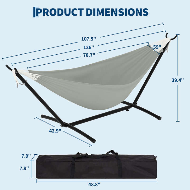 Hamac double avec support, capacité de 227 kg, ensemble de hamac portable en acier robuste pour l'intérieur et l'extérieur, sac de transport inclus, gain de place, montage rapide (gris pâle)