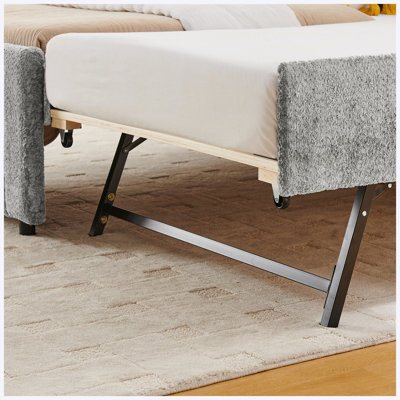 Twin Size Upholstered Pull-Out Trundle Bed with High Padded Back, Chenille Fabric, Space-Saving Single to Double Guest Bed