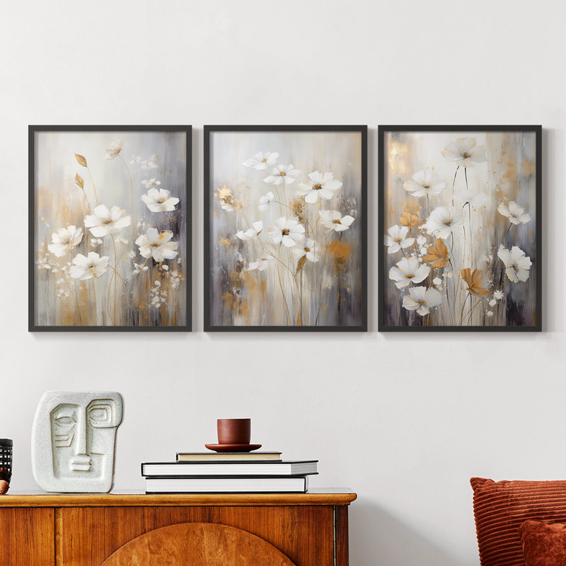 Floral Study Series XCVI -Set de 3 estampes numériques giclées -Prêt à accrocher, Cadre noir, H 20 po x l 16 po