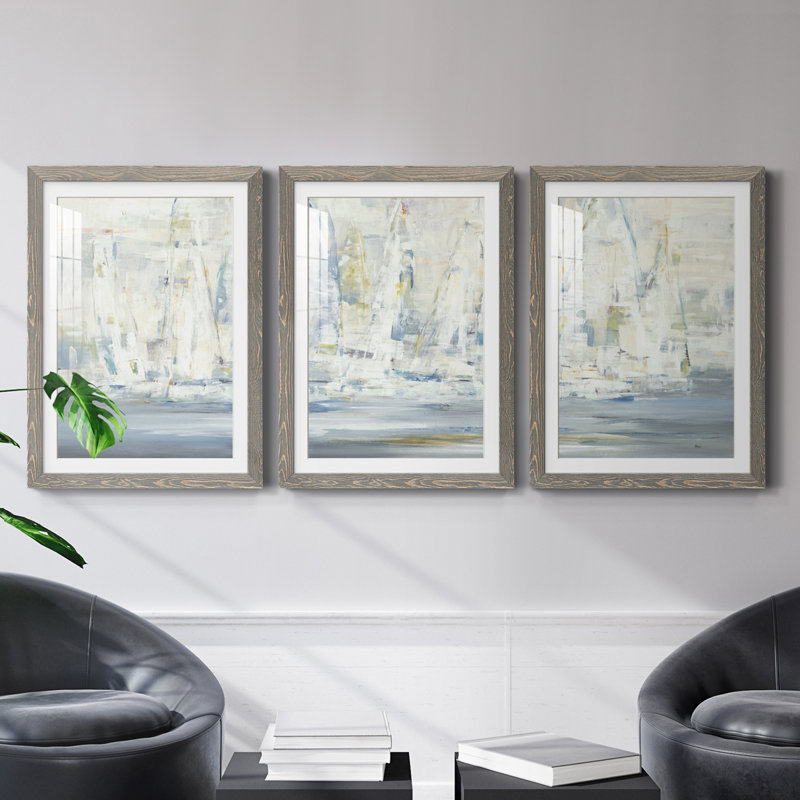 Regatta Time - Ensemble de 3 reproductions d'art encadrées, Cadre en papier gris, Blanc, H 28 po x l 60 po x P 1,5 po