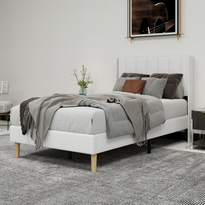 Lit plateforme tapissier avec tête de lit, Simple, Blanc
