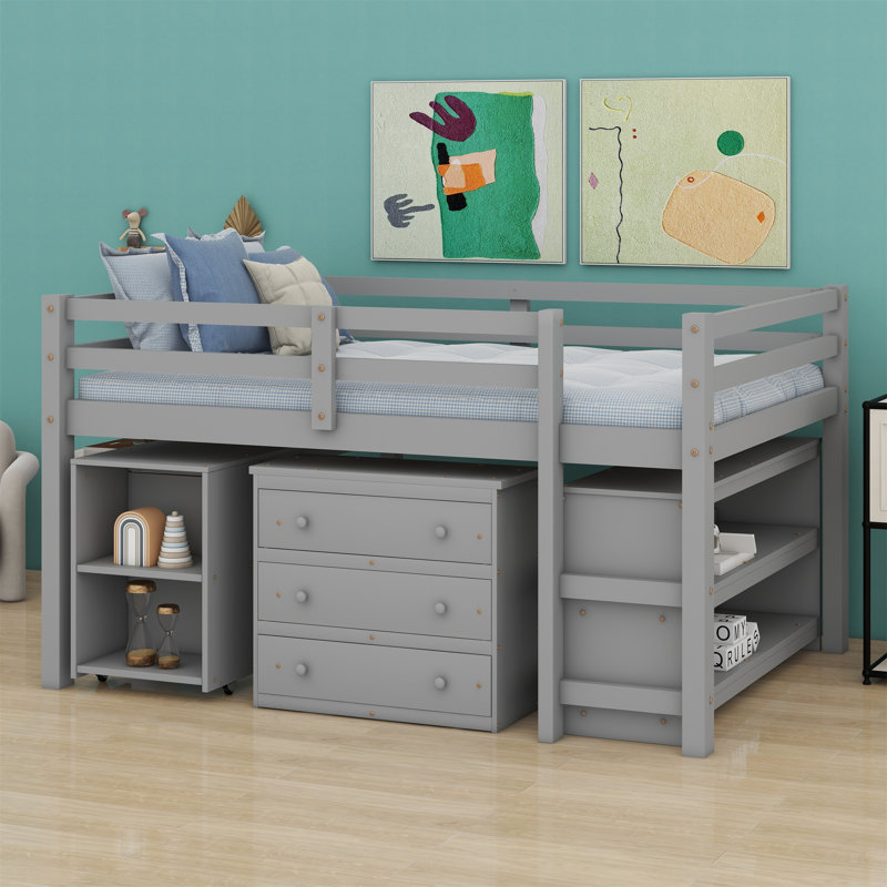 Lit d'étude bas avec armoire, tablettes et bureau portatif roulant, lit multifonctionnel, Gris