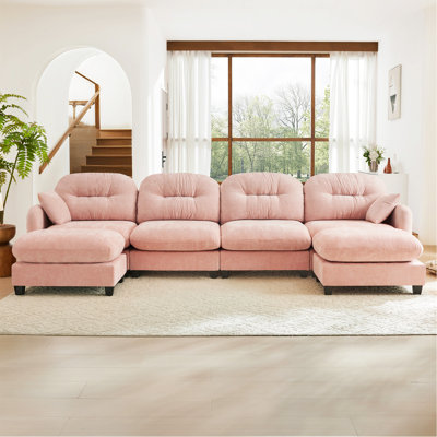 Canapé modulaire modulaire en forme de U avec repose-pieds, tissu plissé matelassé en chenille douce, conception ergonomique en mousse, accoudoirs élégants, facile à installer dans les salons, rose