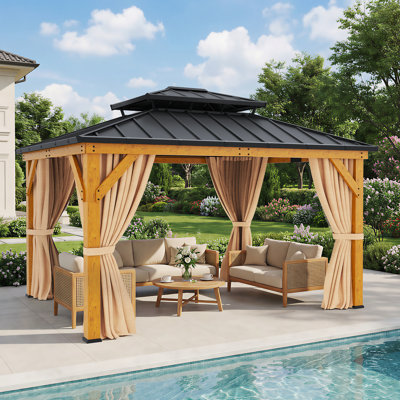 Solid Wood Patio Gazebo with Double Roof Hardtop and Curtains