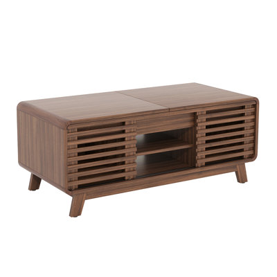 Coffee Table With Sliding Top, Wooden 47" Mid-Century Coffee Center Table With Storage And Sliding Doors, Walnut