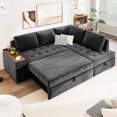 Grey L Shaped Sleeper With Hidden Compartments And Pull Out Feature Spacious Couch Bed Storage - Living Room