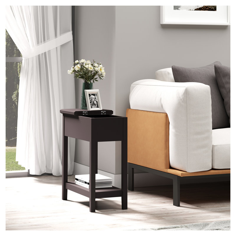 Table de bout étroite avec rangement rabattable et tablette inférieure, table d'appoint en bois aggloméré foncé HOMcom