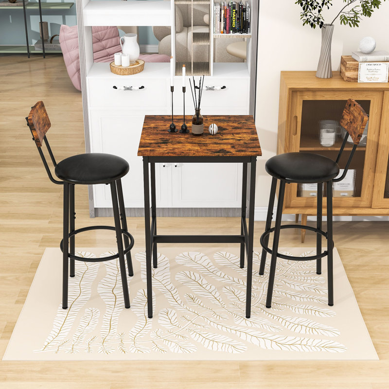 3-Piece Space-Saving Dining Table Set with Upholstered Seats and Durable Frame for Small Space, Rustic Brown/Black