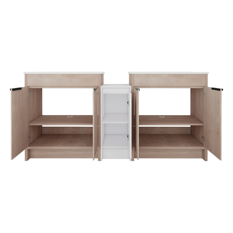 Meuble-lavabo autoportant de 72 pouces avec lavabo en céramique et armoires de rangement, Chêne clair uni, Blanc