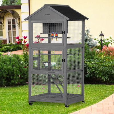 Pawhut 71" Bird Cage Large Mobile Wooden Aviary For Canary Cockatiel With Wheel Perch Nest Ladder Slide-Out Tray For Indoor Outdoor Dark Grey