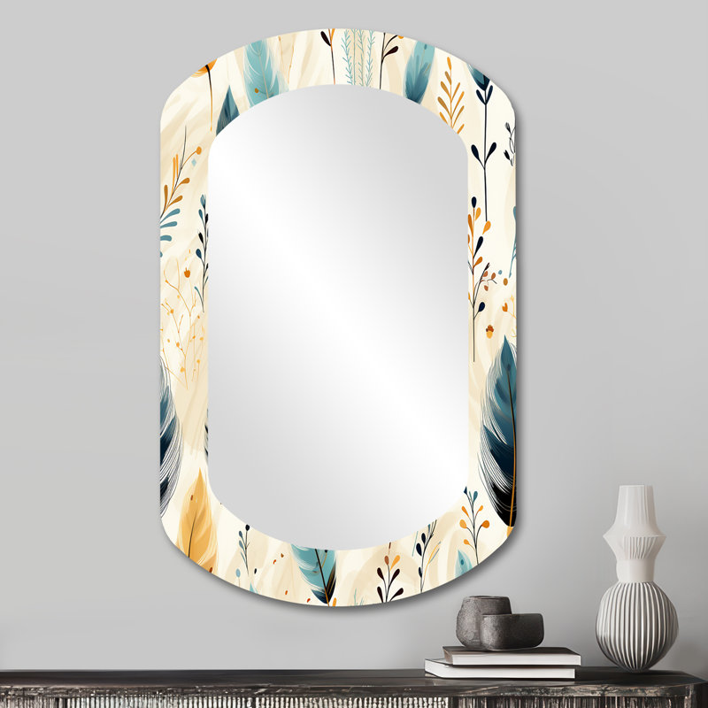Motif de fougères de Joselyn minimalisme beige - miroir décoratif floral asymétrique, miroir mural cylindrique beige, impression d'art en métal