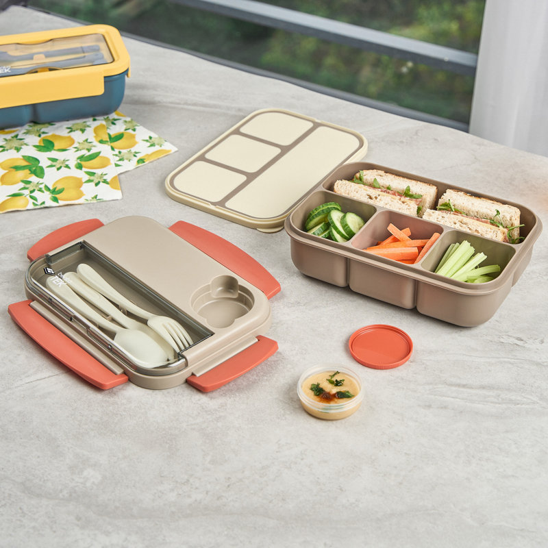 Boîte à bento de 43,9 onces, 1 boîte à lunch réutilisable - avec couverts, ne contient pas de BPA, boîte à lunch réutilisable en plastique brun et orange, tasse à sauce incluse, micro-ondes