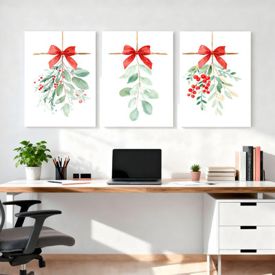 Watercolor Christmas Wreath With Red Bow And Green Leaves Canvas Wrapped Wall Art Set Of 3
