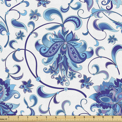Charlin Print of Middle Eastern Style Inspired Curved Flower Branches Ceramic Art Like Multi-Purpose Fabric