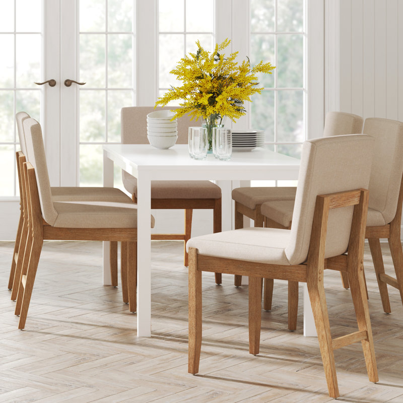 Upholstered Dining Chair with Full Back and Solid Wood Frame, Natural Flax/Light Brown , 1