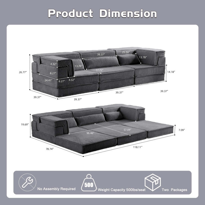 Canapé à compression Mahjong, canapé-lit convertible au sol, canapé modulaire modulaire désossé DIY, aucun assemblage requis, tissu polaire circulaire, surdimensionné à 3 places avec 3 coussins