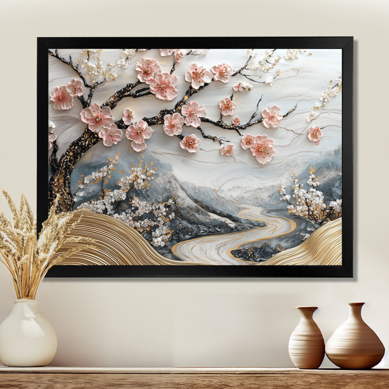 Marbre cerisiers en fleurs, poésie des pétales IV - art mural cerisier en fleurs, H 16 po x l 32 po, Cadre simple, Noir