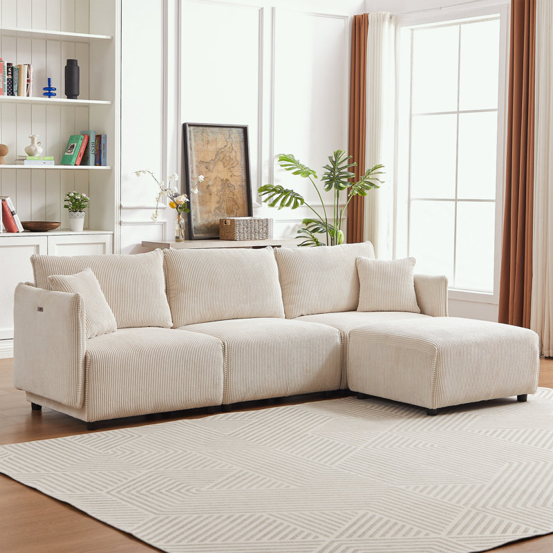 Canapé de style combiné avec 2 coussins et ports de charge USB et C, Velours côtelé beige