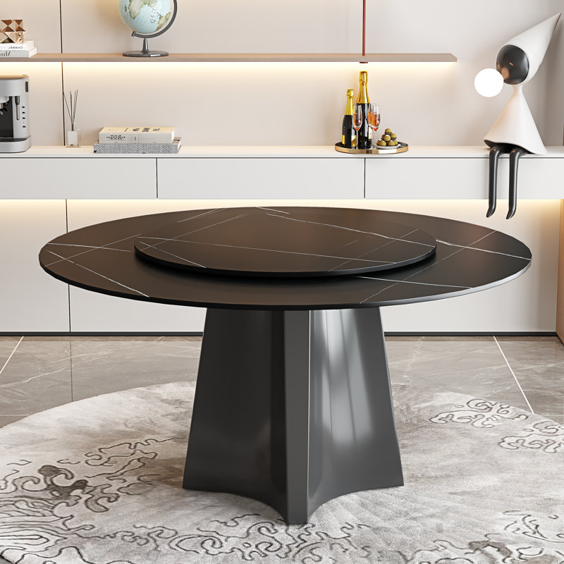 Modern 51'' Round Sintered Stone Dining Table With Lazy Susan And Steel Base For 4-6, Lauren Black Gold