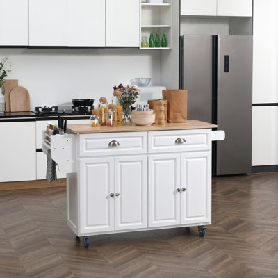 Rolling Kitchen Island On Wheels, Kitchen Cart With Solid Wood Drop Leaf Breakfast Bar, Storage Drawers, 4-Door Cabinets, Spice Rack For Home -  Red Barrel Studio®, 7C18C7C8DFD548EF90C7F732915FAE2C
