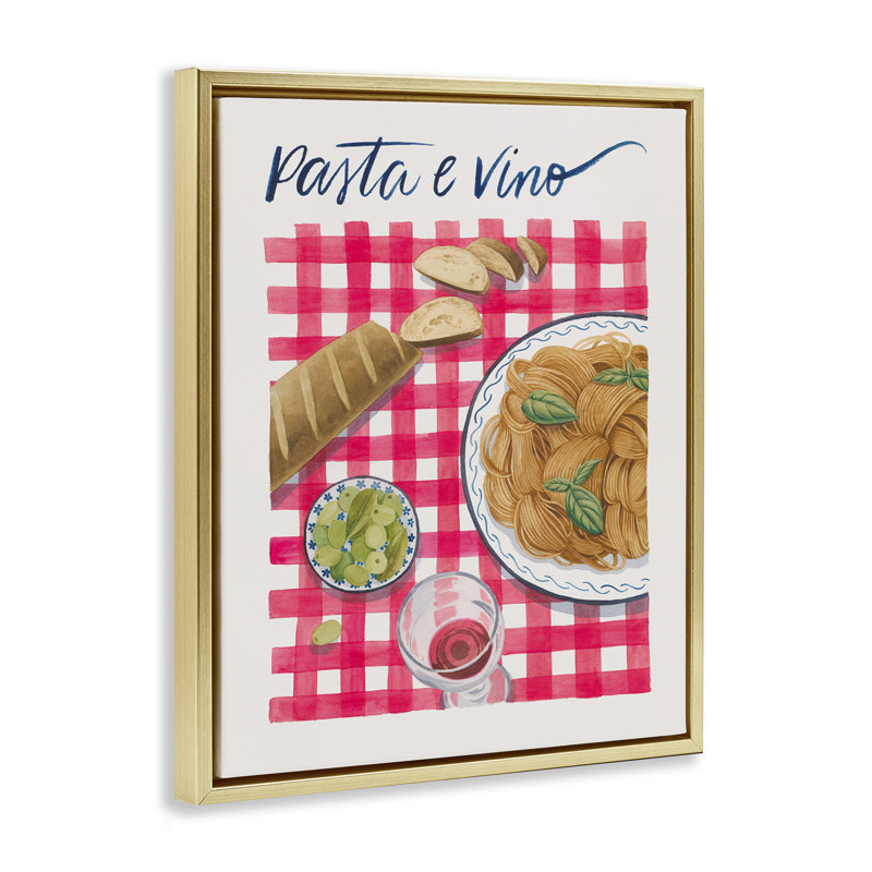  "Pasta & Wine on Tartan", art mural sur toile flottante par Grace Popp, H 21 po x l 17 po, Cadre flottant métallique doré