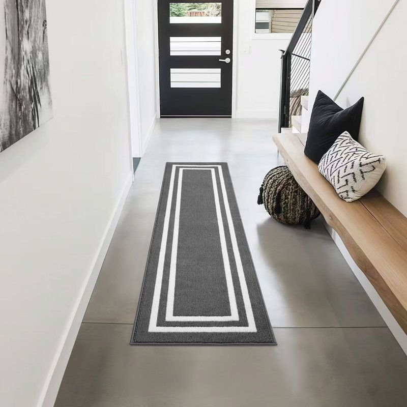 Double Border Machine Tufted Performance Dark Gray/White Rug, Runner 2'2" x 8'