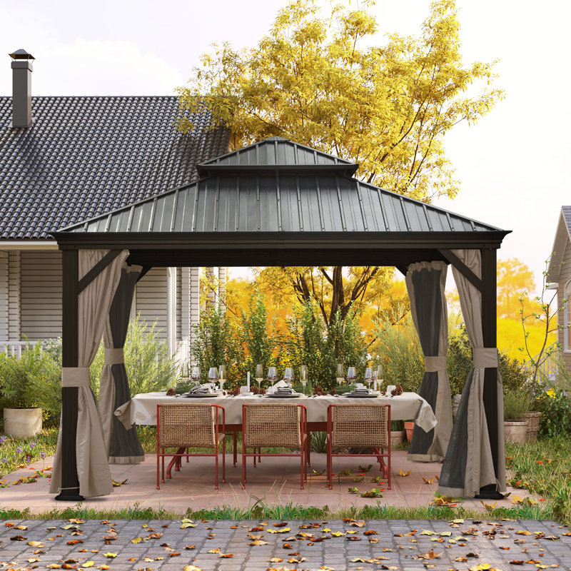 12 pi. L 12 pi. D Pavillon de jardin en acier galvanisé avec double toit, Brun