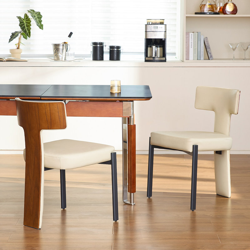 Beige Dining Chairs Set of 2,Faux Leather Dining Chairs with Soft Cushion,Comfortable Upholstered Armless Dining Room Chairs with Curved Plywood Back
