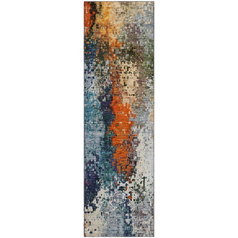 Premium Machine Washable Mayfield AMF2242 Abstract Rug, Blue, 2'3" x 7'6" Runner