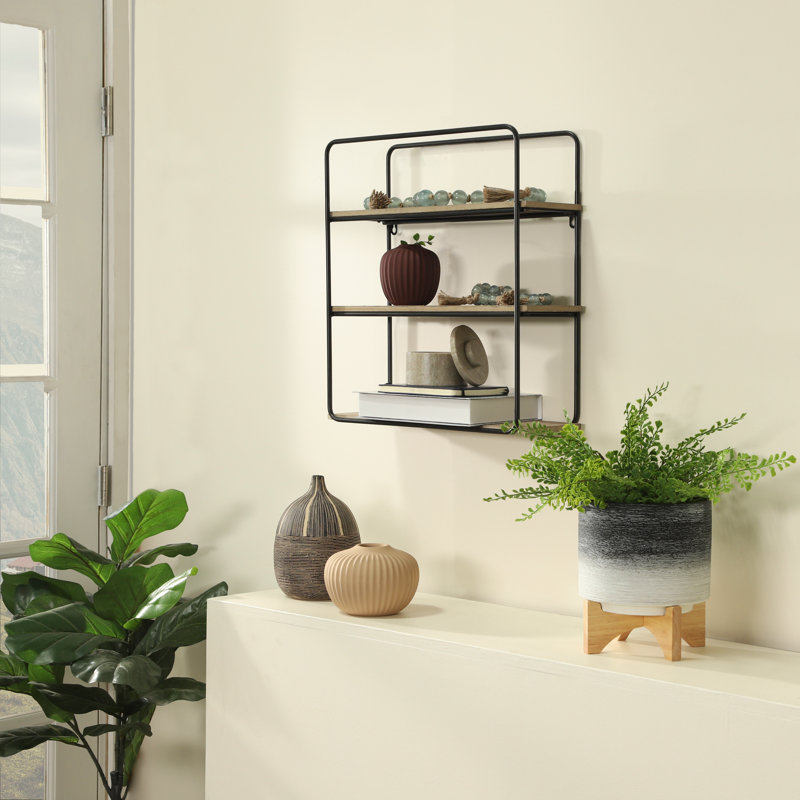 Pot à fleurs en céramique et bois sur support, H 12 po x l 10 po x P 10 po, Rayures grises