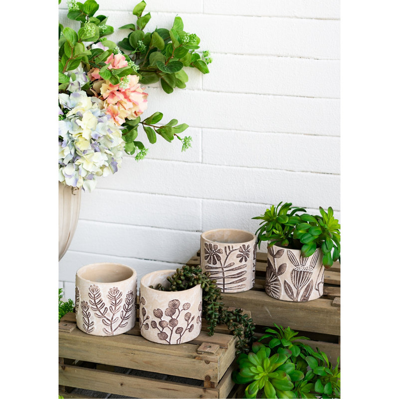 Ensemble de 4 jardinières en sable et ciment avec motifs botaniques