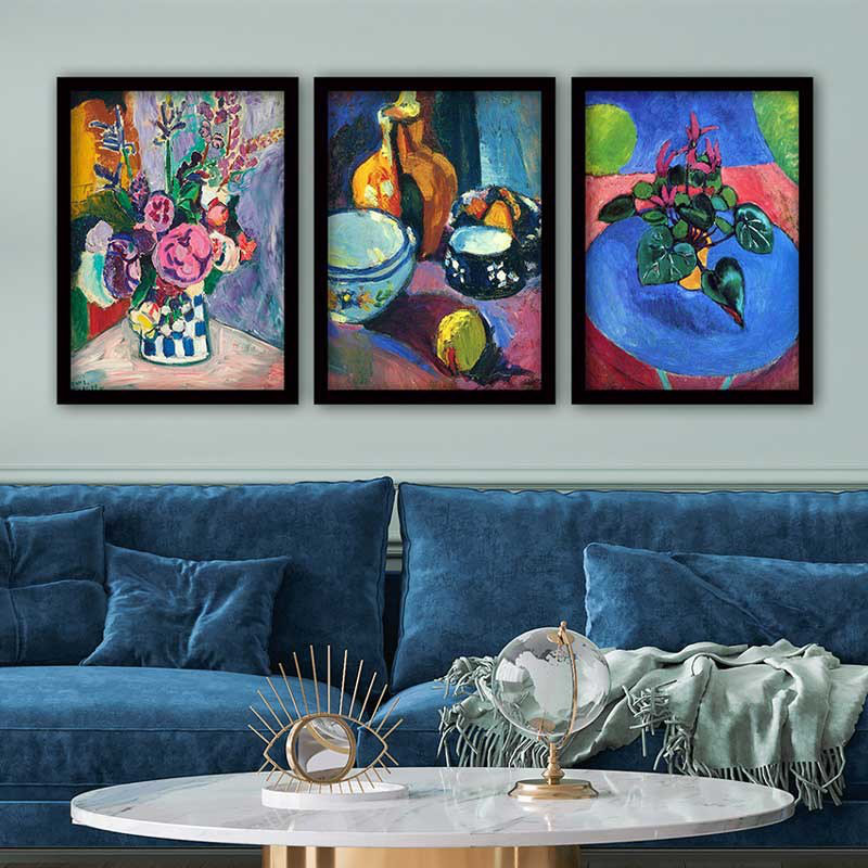 Ensemble de 3 peintures élégantes encadrées décoratives, 13,8 x 17,7 pouces chacune | 100% bois avec cadre 100% polystyrène (épaisseur: 0,8 pouce) | Impression numérique UV, parfaite pour le salon et la décoration intérieure