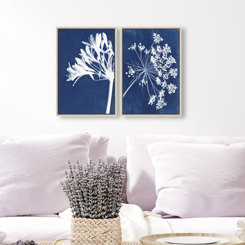 Cyan Flowers Set Set by Oliver Gal, 11"H x 16"W, Silver Floater Frame
