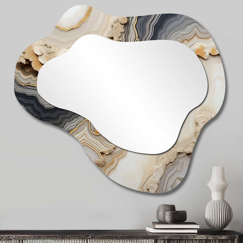 Grey And Orange Minimalism Stone Geode - Stone Geode Asymmetrical Unique Wall Mirror, Traditional Cloud Mirror, Printed Metal Art