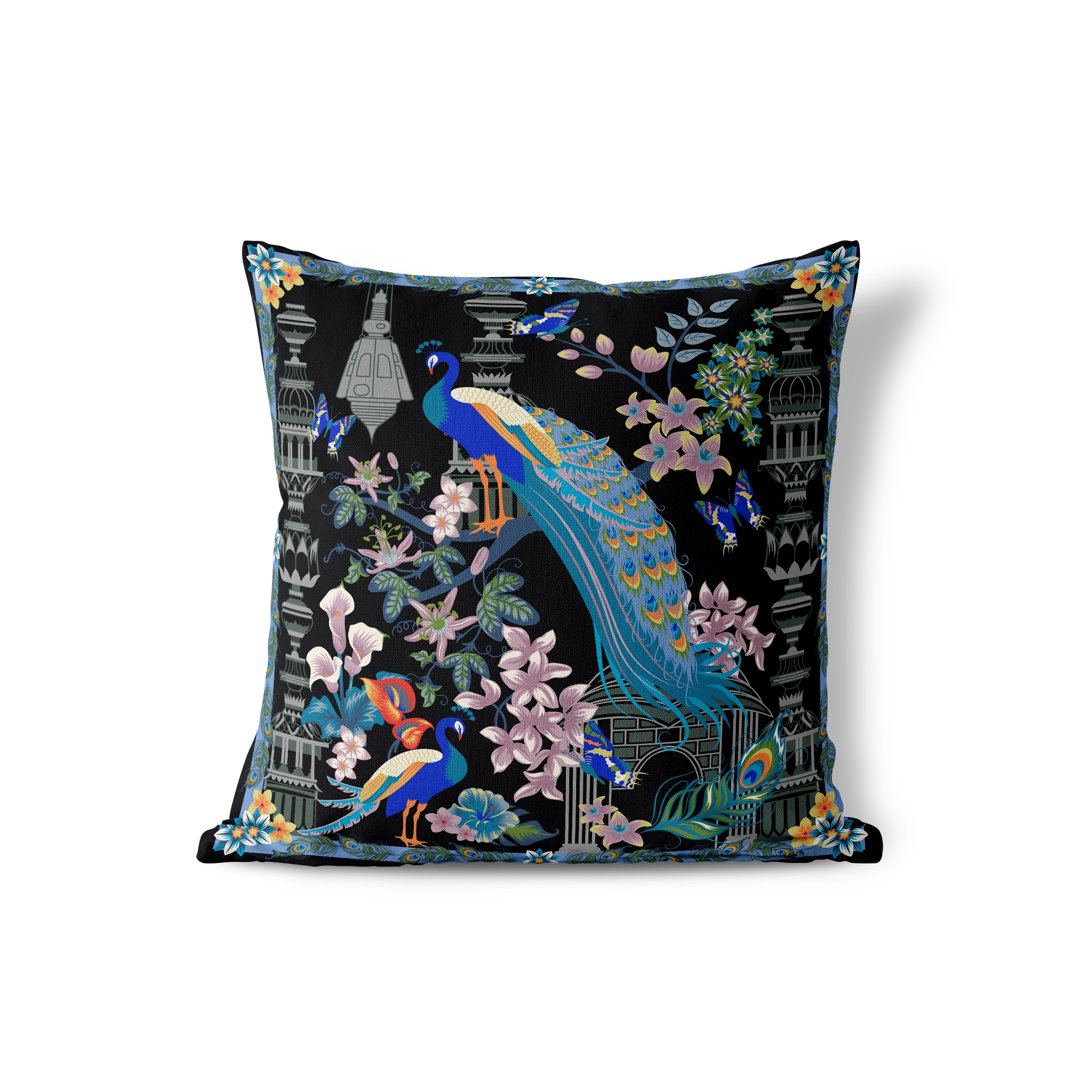 Peacock Paradise Indoor / Outdoor Floral Square Cushion With Filling