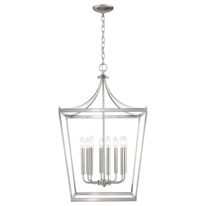 Lustree géométrique 8 lumières lanterne Rancourt, Nickel satiné